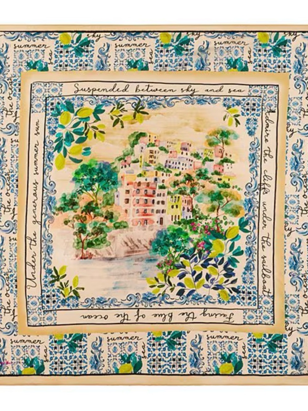 JW Coastal Scenic Print Neck Scarf in Cream, Blue & Green